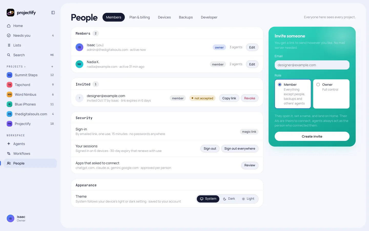 People › Members: the people in the workspace, their roles and an Invite button