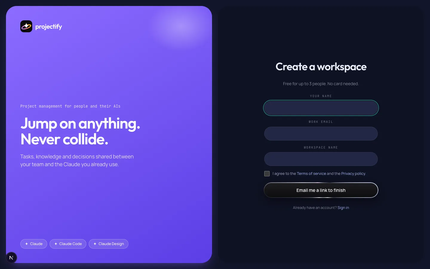 The Create a workspace screen: name, email, workspace name and the terms box