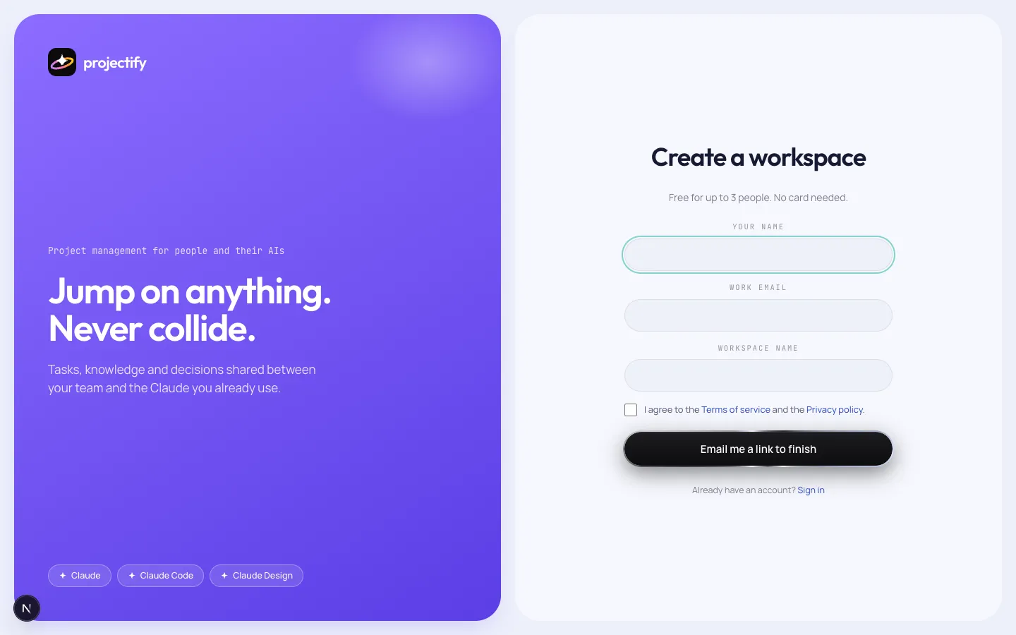 The Create a workspace screen: name, email, workspace name and the terms box