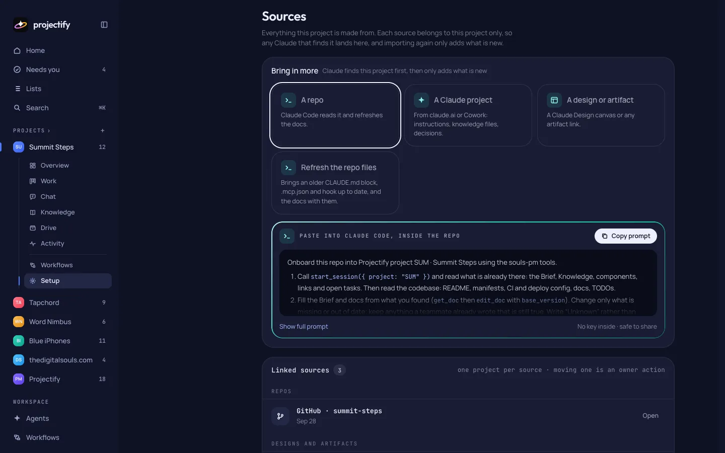 Setup › Sources: the repo, the claude.ai project and the design canvas a project is made from