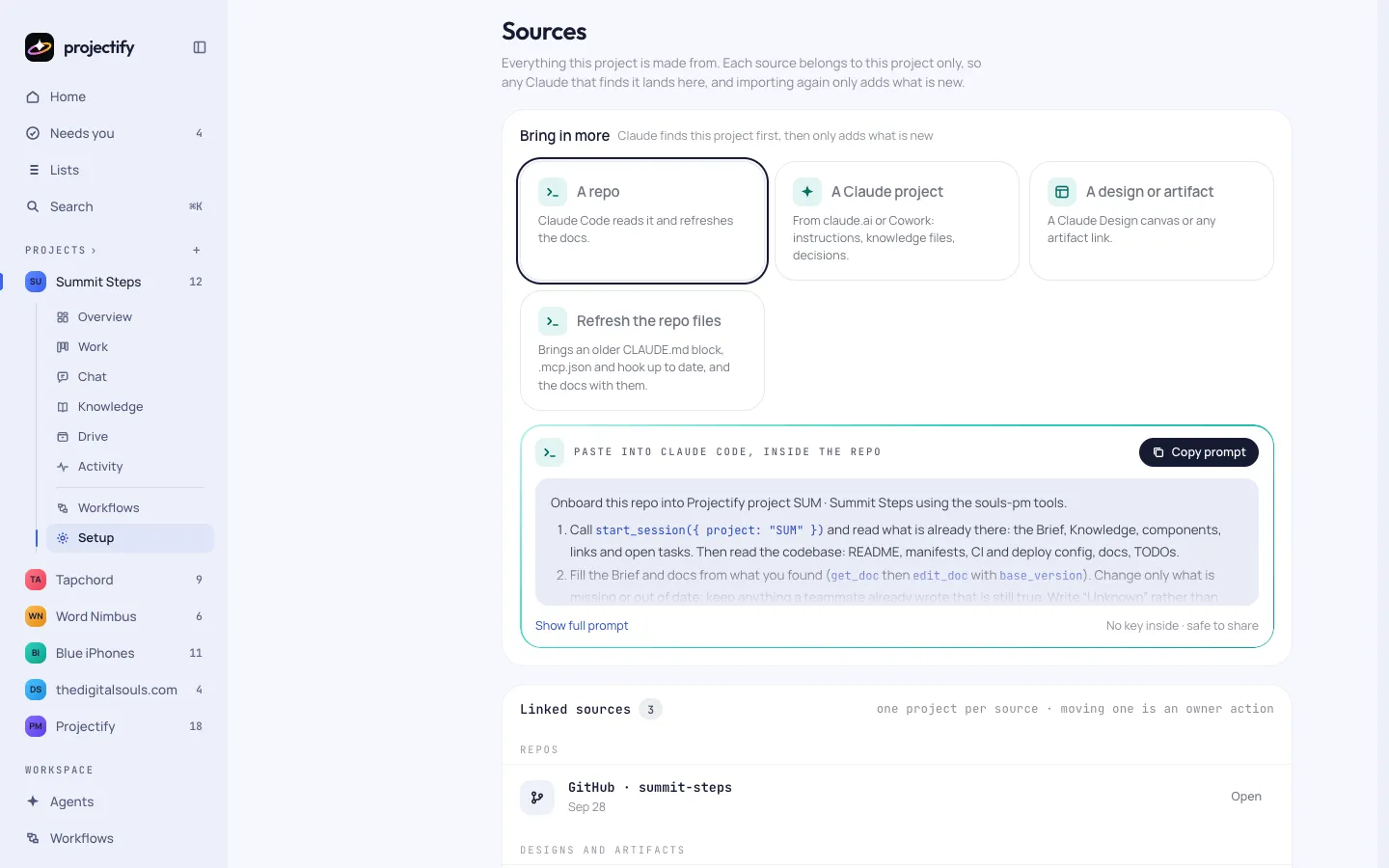 Setup › Sources: the repo, the claude.ai project and the design canvas a project is made from